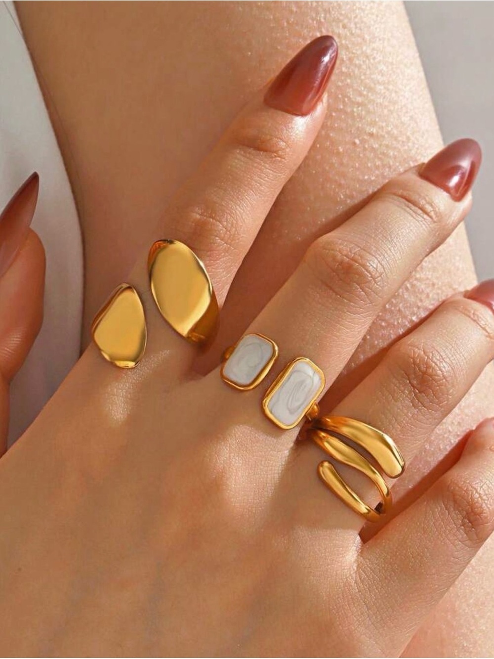 Gold Tone Triple Ring Set with White Inlay - Women Jewelry